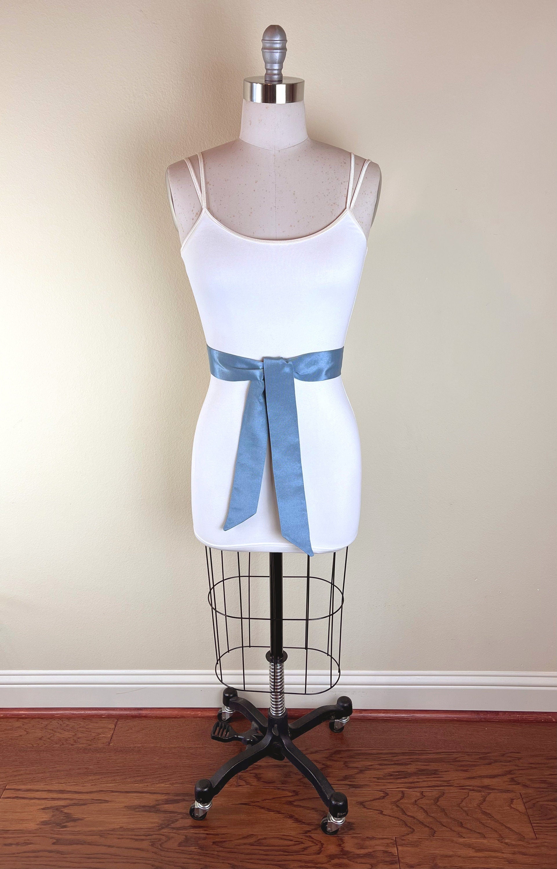 Narrow Smoke Blue Satin Sash, Ribbed Smoke Blue Sash Belt, Blue Gray Wedding Dress Sash, Bridal Sash, Gray Blue Satin Sash Belt, Satin Swank 60