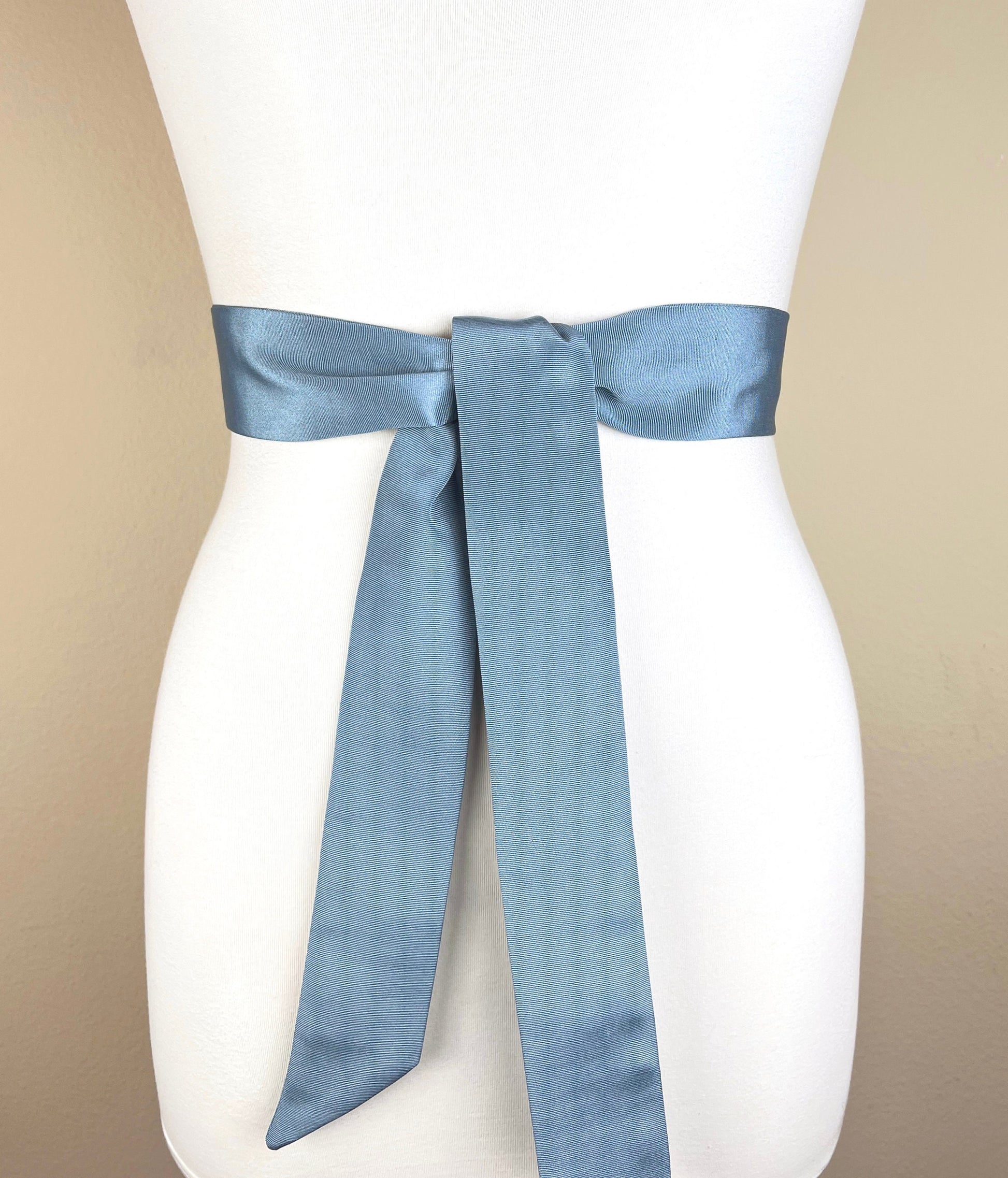 Narrow Smoke Blue Ribbed Satin Sash Belt by Satin Swank - 60 Narrow Smoke Blue Ribbed Satin Sash Belt by Satin Swank - 60