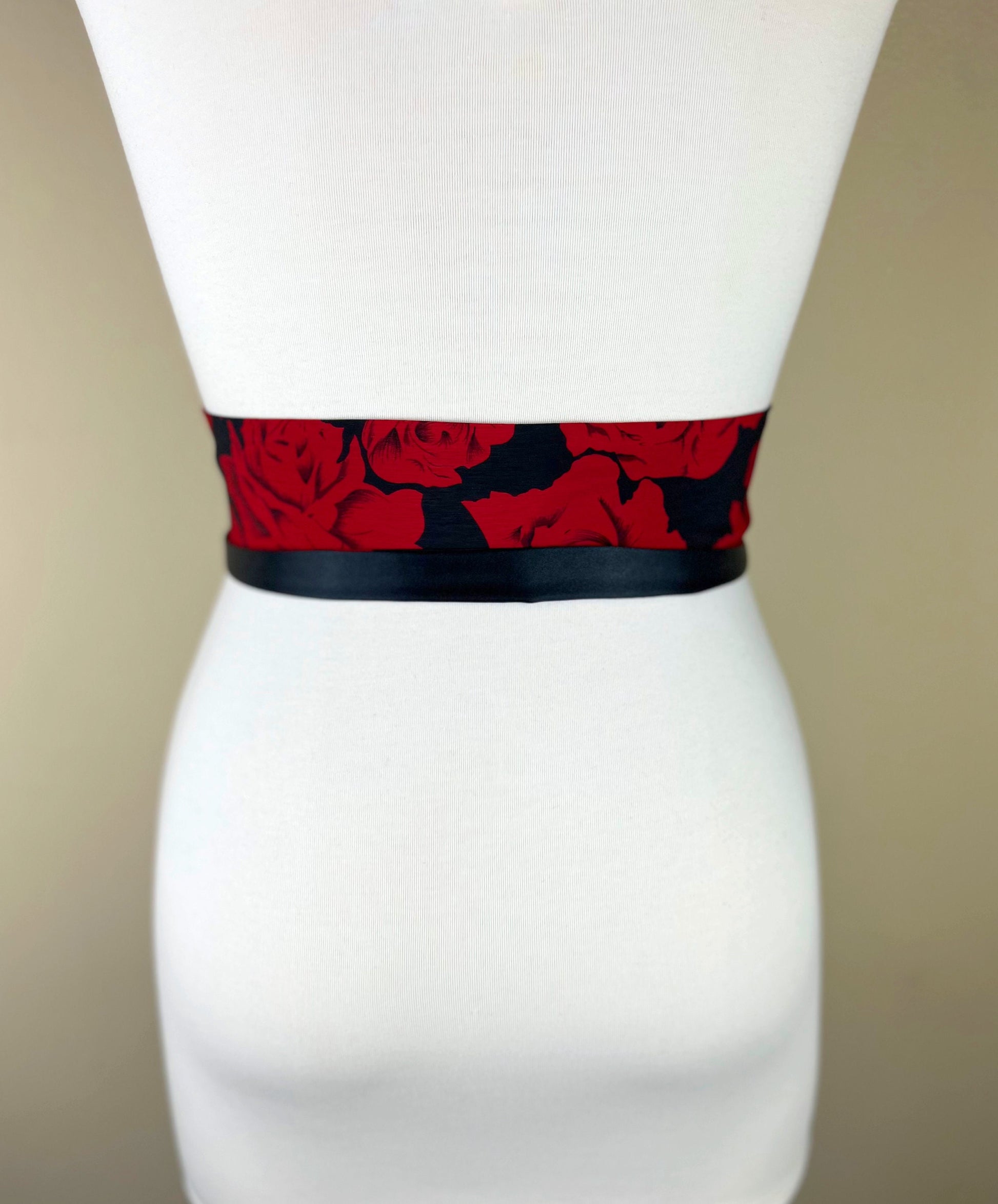 Wide Red Rose Sash Belt Reverses to Solid Black Sash, Black & Red Sash, Red and Black Floral Sash, Red Floral, Red Rose Belt, Satin Swank