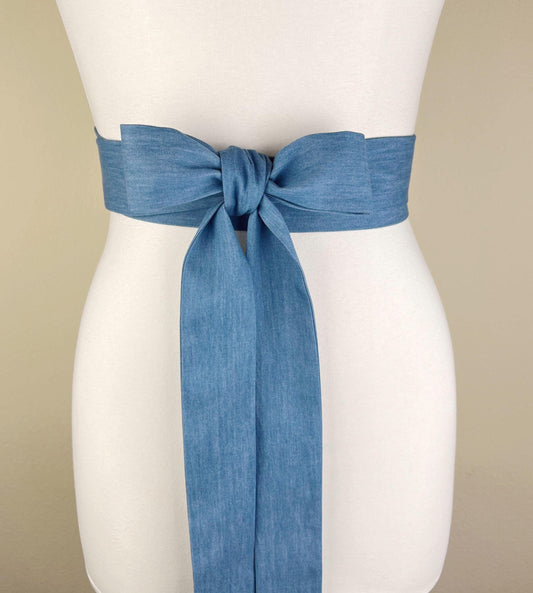 Extra Long Denim Sash, Light Wash Denim Sash, Narrow Denim Belt, Faded Denim Sash Belt, Light Denim Belt, Denim Accessories, Satin Swank